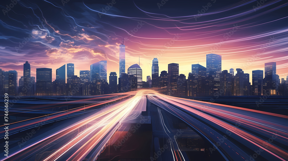 Fototapeta premium Abstract speeding motion blurred city and light trails, 3D rendering