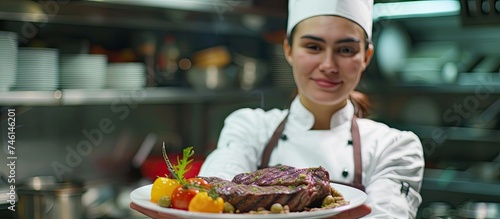 A woman wearing a chefs hat is holding a plate in a restaurant or hotel kitchen. The plate contains a perfectly grilled beef steak topped with colorful vegetable garnish.