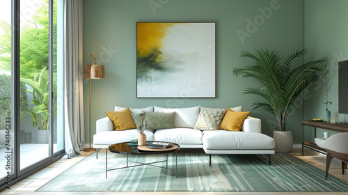 Bright and airy luxury lounge area with large windows  colorful accent chairs  and a statement abstract painting.