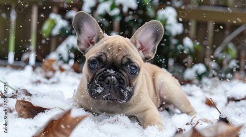 3 months old french bulldog and his first snow
