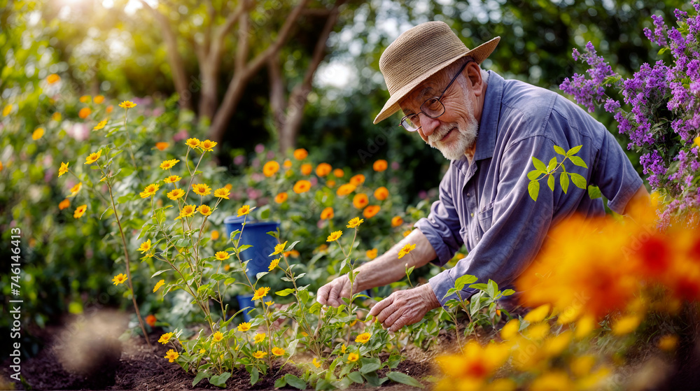 Senior gardener with a hat caring for plants in a sunny garden - Generative AI Senior gardener with a hat caring for plants in a sunny garden - Generative AI