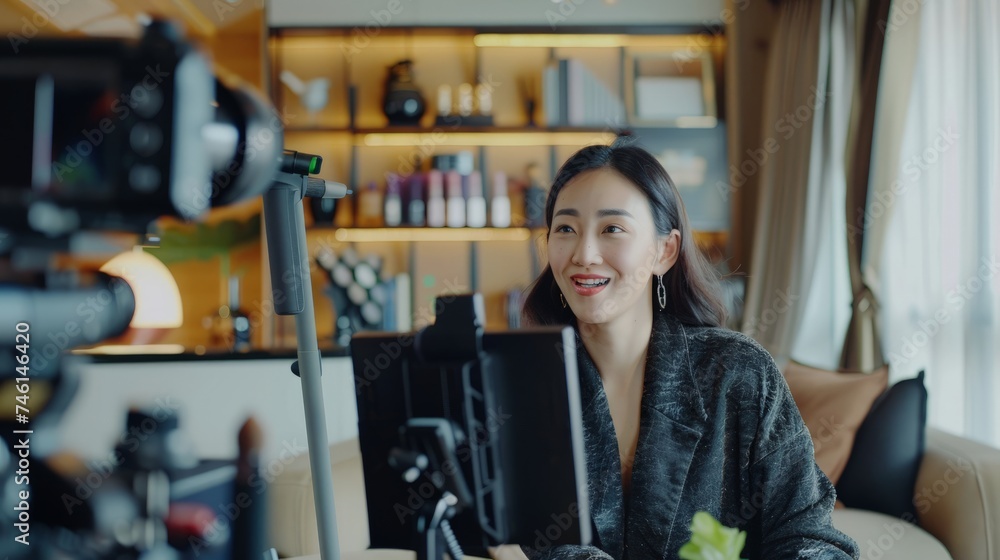 Asian businesswoman working from home live video interaction with customers using camera device vlogging selling make up products,