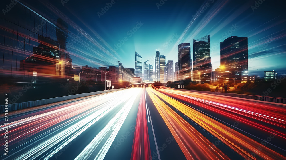 Vibrant long exposure night shot of busy traffic and skyscrapers in modern city city center