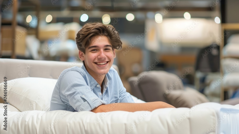 Cheerful young man smiling, sitting on a new bed at furniture store. Attractive male customer buying orthopedic mattress at furnishings shop. Cheerful young man smiling, sitting on a new bed at furniture store. Attractive male customer buying orthopedic mattress at furnishings shop.