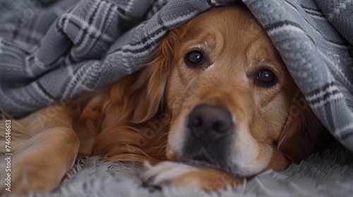 Bored young golden retriever dog under light gray plaid. Pet warms under a blanket in cold winter weather. Pets friendly and care concept.