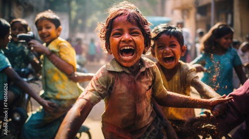 Happy people celebrating holi. the child laughs and throws paint and multi-colored powder. holy holiday in india © Svetlana