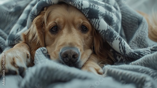 Bored young golden retriever dog under light gray plaid. Pet warms under a blanket in cold winter weather.