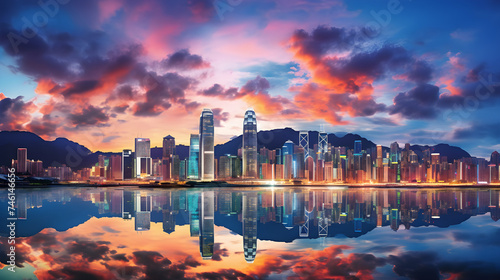 Vibrant Twilight Sky Over Bustling Hong Kong Harbour: A Showcase of Architectural Magnificence and Commerce