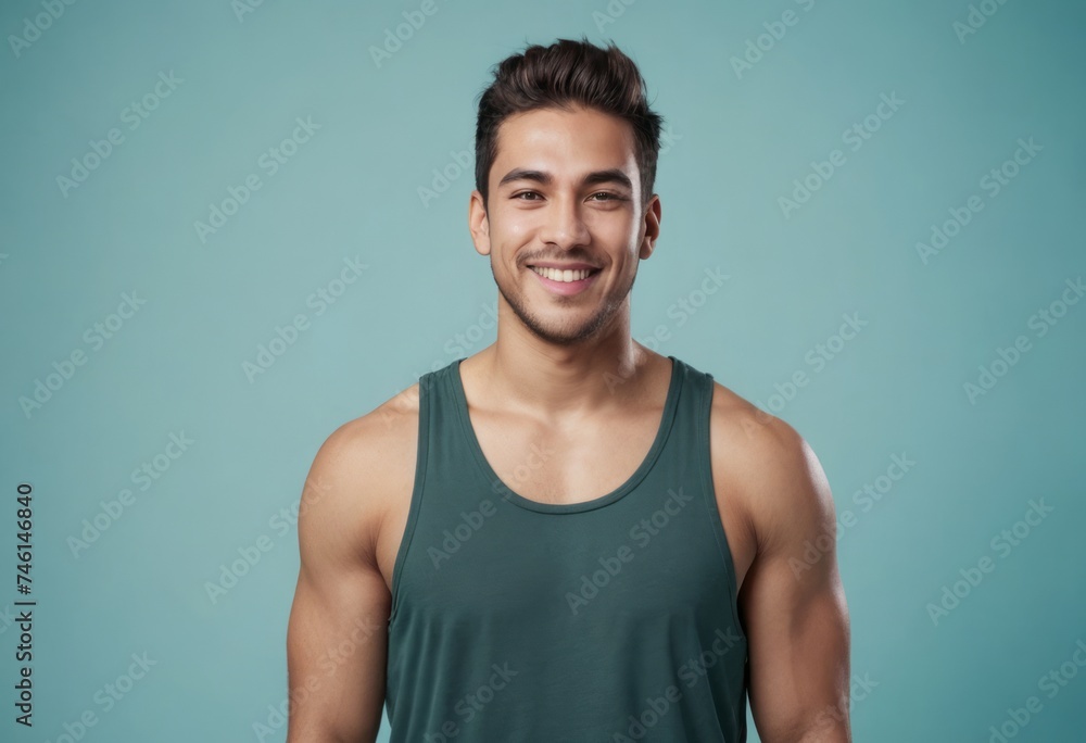 A cheerful man in a dark green tank top, his bright smile radiates health and energy. A cheerful man in a dark green tank top, his bright smile radiates health and energy.