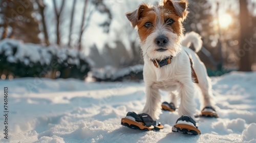 Cute little terrier wearing snow shoes on all four paws for protection and a warm coat against the cold winter weather standing on fresh snow looking alertly off to the right photo