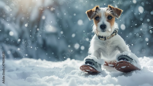 Cute little terrier wearing snow shoes on all four paws for protection and a warm coat against the cold winter weather standing on fresh snow looking alertly off to the right photo