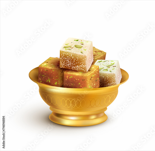 Bowl with sweets halwa and lokum (Turkish delight). Isolated on white. Vector illustration.