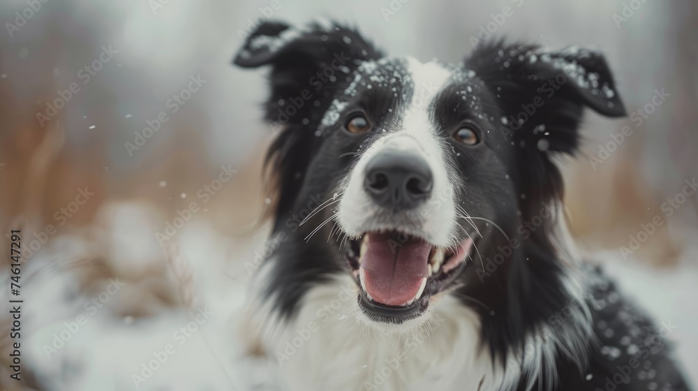 Lovely dog close up portrait posing outdoors with a funny emotion, showing his long tongue and a smiley face. Overjoyed border collie puppy enjoy the cold winter morning in the nature.