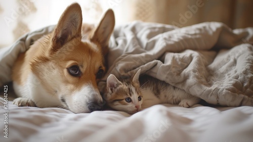 Pembroke welsh corgi dog looks at baby kitten under a warm blanket on a bed at home. Empty space for text photo