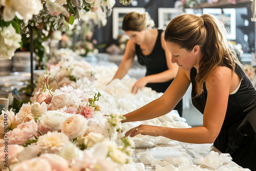 Two female florists dressing a table for a wedding
