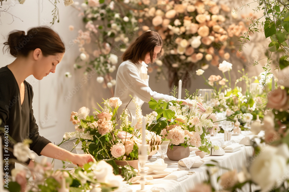 Two female wedding planners dressing a table for a wedding