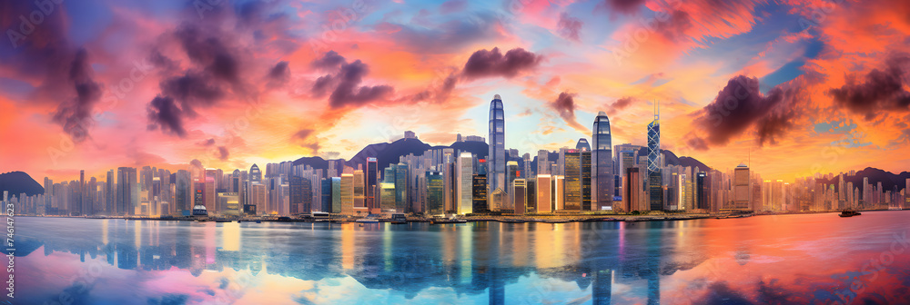 Vibrant Twilight Sky Over Bustling Hong Kong Harbour: A Showcase of Architectural Magnificence and Commerce