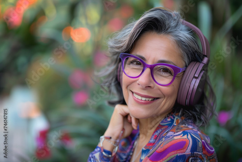 Happy Old Stylish Latina Woman Using Headphones and Purple Glasses