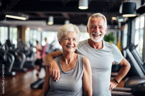Active Senior Couple in Gym Smiling. A senior couple smiles brightly in a gym, showcasing active lifestyles in later years. Their joy and fitness inspire healthy living at any age. photo