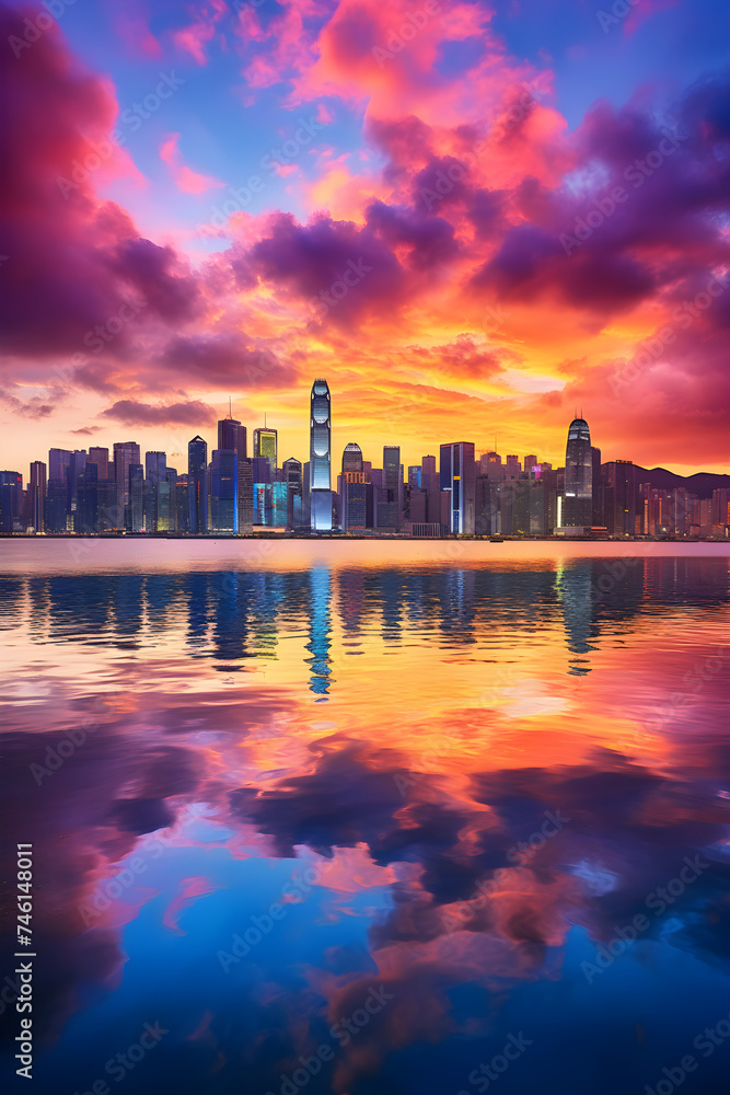 Vibrant Twilight Sky Over Bustling Hong Kong Harbour: A Showcase of Architectural Magnificence and Commerce