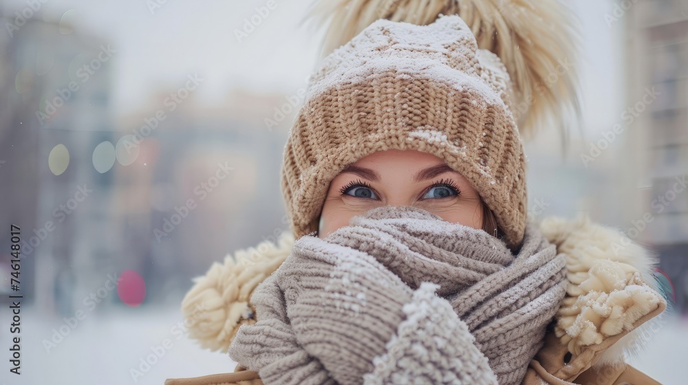 Young blonde happy smiling surprised girl in beige coat and warm hat and scarf outdoor closeup portrait. Cold outside. Winter clothes Young blonde happy smiling surprised girl in beige coat and warm hat and scarf outdoor closeup portrait. Cold outside. Winter clothes