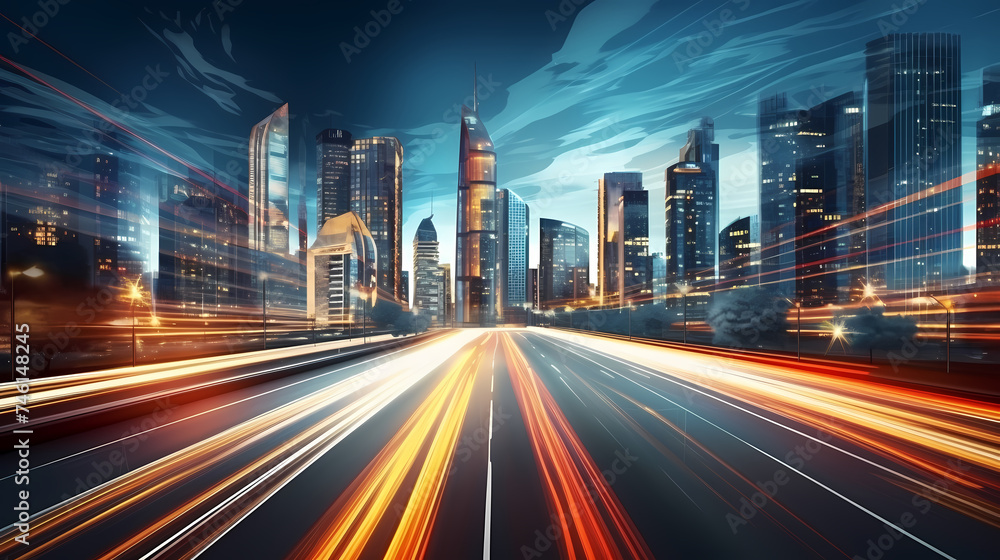 Vibrant long exposure night shot of busy traffic and skyscrapers in modern city city center