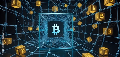 A blue Bitcoin cube is centered within a network of chains, depicting the security and stability of Bitcoin within the blockchain system. AI Generative