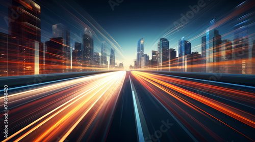 Vibrant long exposure night shot of busy traffic and skyscrapers in modern city city center