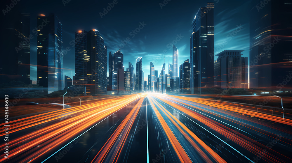 Vibrant long exposure night shot of busy traffic and skyscrapers in modern city city center Vibrant long exposure night shot of busy traffic and skyscrapers in modern city city center