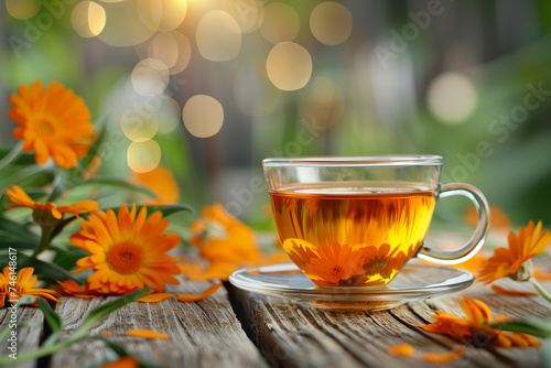 Calendula tea with fresh marigold plant