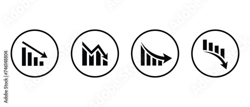 Decreasing graph icon vector on circle line. Company bankruptcy report vector. Market crash concept