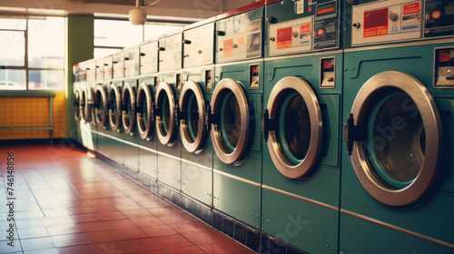 Row of Industrial Washing Machines. A lineup of industrial washing machines stands ready in a laundromat  indicating a place for communal cleaning  reflects routine and order.