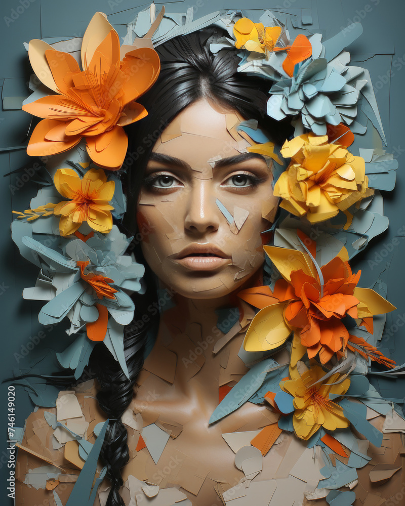 Serene young womans face with volumetric paper flowers, symbolizing beauty and mental wellness