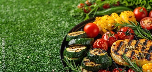 Assorted delicious grilled vegetables on barbecue grill with smoke and flames