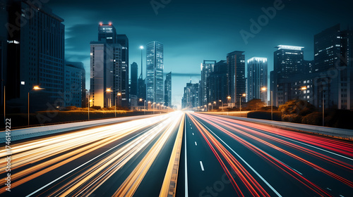 Vibrant long exposure night shot of busy traffic and skyscrapers in modern city city center