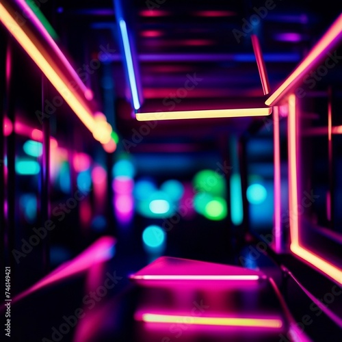Neon-lit Hallway with Checkered Floor
