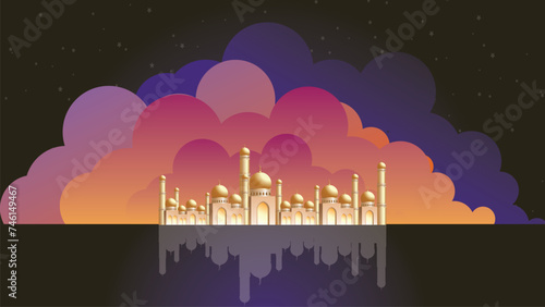 Ramadan kareem vector illustration, ramadan holiday celebration background, Mosque Under the Aurora