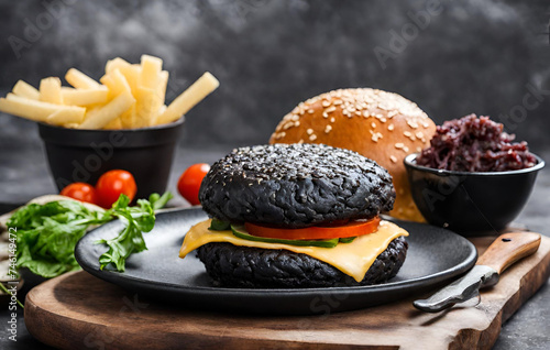 Image of a hot and spicy burger with black burger bun, Black burger on craft paper on cutting board with fries and coke