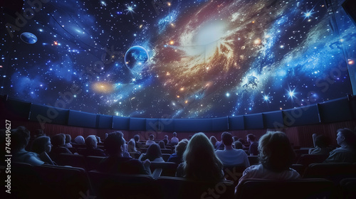 Visitors Observing Galaxies at a Space Planetarium Exhibit