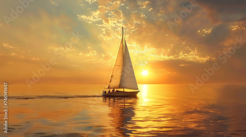 Serene Sailing Yacht on Tranquil Water at Golden Sunset