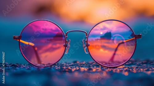 Sunset Reflected in Eyeglasses on Water-Droplet Covered Surface