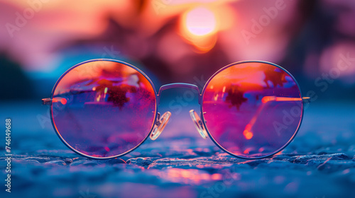 Sunset Reflected in Eyeglasses on Water-Droplet Covered Surface © augenperspektive