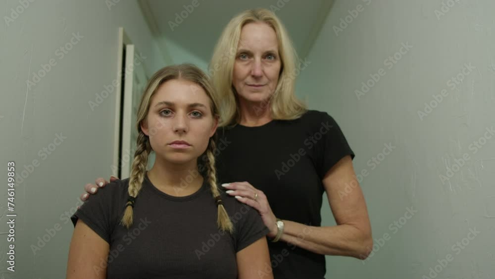 A mother and daughter look at the camera while standing in a hallway A mother and daughter look at the camera while standing in a hallway
