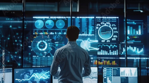  backside of businessman working with business data graph diagram chart showing financial marketing of futuristic finance.