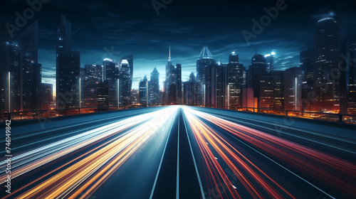 Vibrant long exposure night shot of busy traffic and skyscrapers in modern city city center