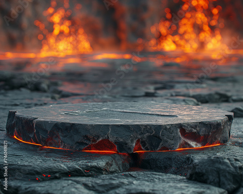 a rock podium for presenting products, molten lava background mountain erupts themed © Dipta