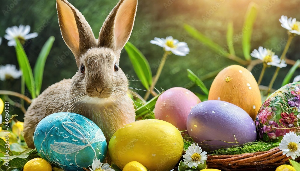 Easter Bunny with Colorful Eggs in Springtime