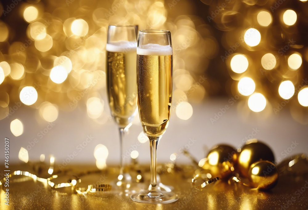 A glass of champagne on a golden background with highlights for christmas and new year With technolo A glass of champagne on a golden background with highlights for christmas and new year With technolo