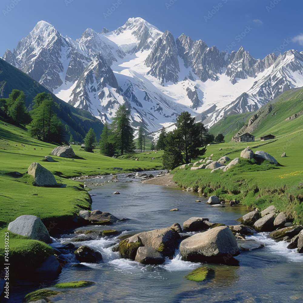 Serene Sanctuary: Alpine Tranquility, A hidden valley nestled among snow-capped mountains, untouched by civilization and teeming with wildlife - obrazy, fototapety, plakaty 