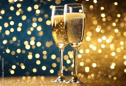A glass of champagne on a golden background with highlights for christmas and new year With technolo